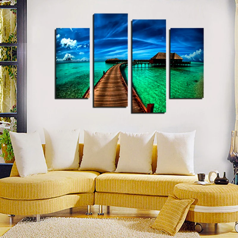 Современная картина маслом на холсте 4 панели рисунок серии sea view для гостиной в