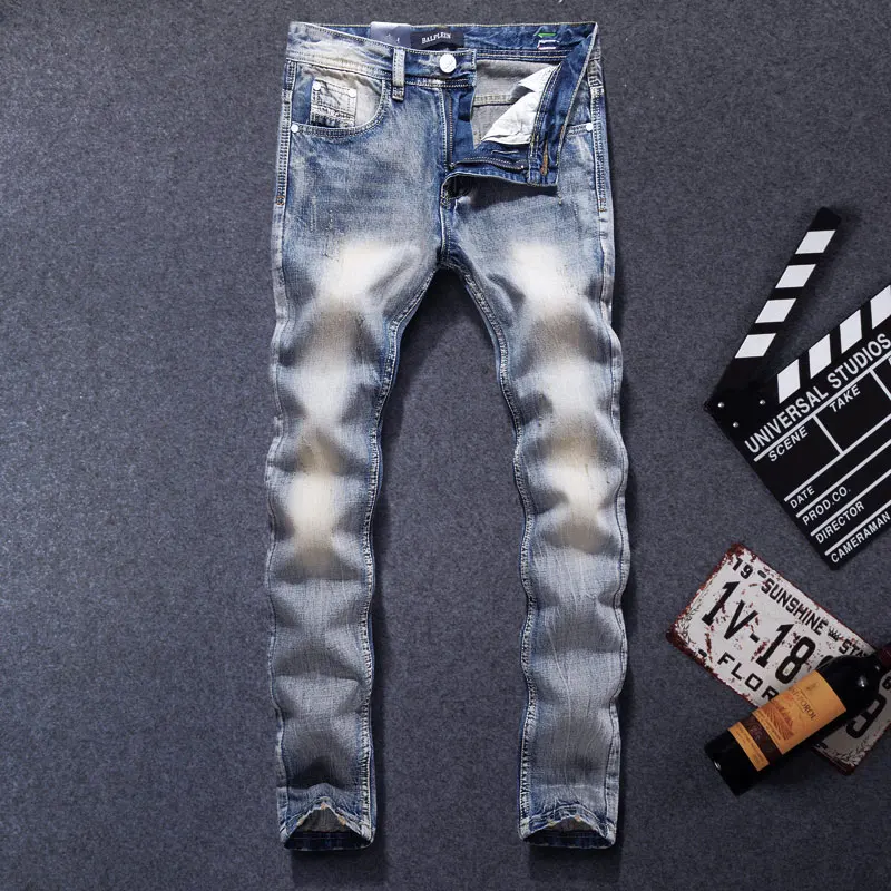 2018 осень-зима модные мужские джинсы свет Синий, прямой Fit 100% хлопок рваные джинсы для мужчин Повседневное брюки основные классические