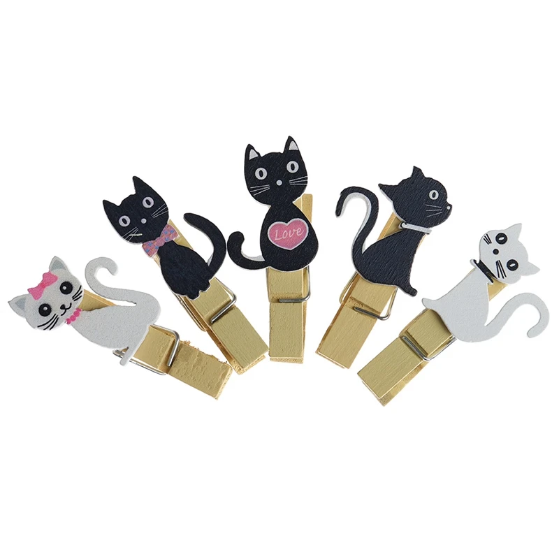 

Cute Mini Photo DIY Tools Paper Clip Cat Wooden Clips With Hemp Rope Clip Kawaii Wood For Students 10pcs/set