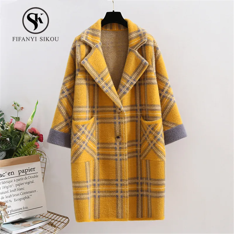 

Autumn Winter New Plaid Mink Cashmere Coats Knitting Sweater Long Cardigan Coat Women Loose Warm Sweaters Thick Outerwear Womens