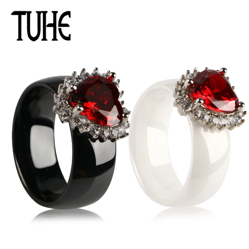 

TUHE New Design 8MM Wide Smooth Ceramic Rings With Big Red Heart Crystal Fashion Women Jewelry Luxury Style Beautiful Rings Gift