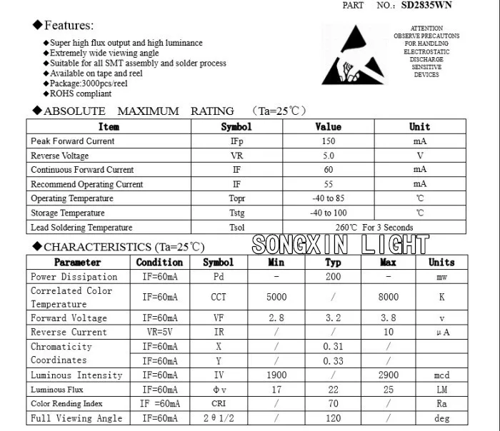 1000 шт./лот) 2835 белый SMD светодиодный 2835 посылка(0,2 Вт) Видимый светодиодный, освещение светодиодный, низкая мощность/менее 0,5 Вт, PLCC-2