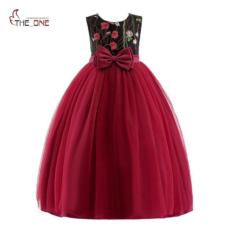 

MUABABY 3T-12T Children Girl Wedding Party Dress Wine Red Sleeveless Floral Embroidered Bow Mesh Ball Gown Elegant Long Dress