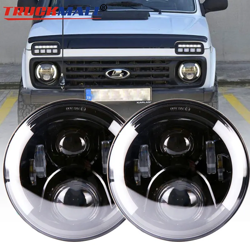 

For VAZ 2121 Lada Niva 4x4 7" LED DRL Headlights with Halo Ring Angle Eyes Projector Headlamp with Amber Turn Signal Lighting