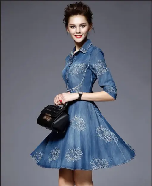 

2019 Spring Autumn Women Plus Size Denim Dress Adjustable Sleeves Embroidered Short Jean Cowboy Dress 4xl 5xl Jurken Grote Maten