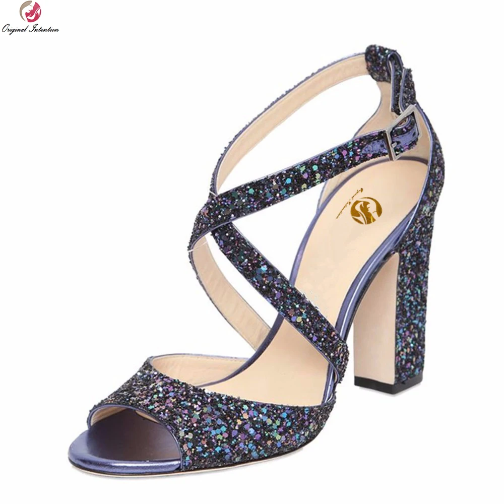 

Original Intention Sexy Women Sandals Popular Glitter Open Toe Square Heels Sandals Blue Silver Shoes Woman Plus US Size 3-10.5