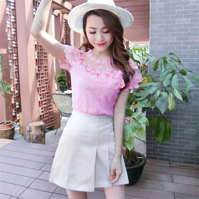 2018 New Women Summer Blouse Sweet Dot Floral Lace Shirt Female Slim Short Sleeve Ruffles Mesh Blouses Blusas Short Tops AB835 6