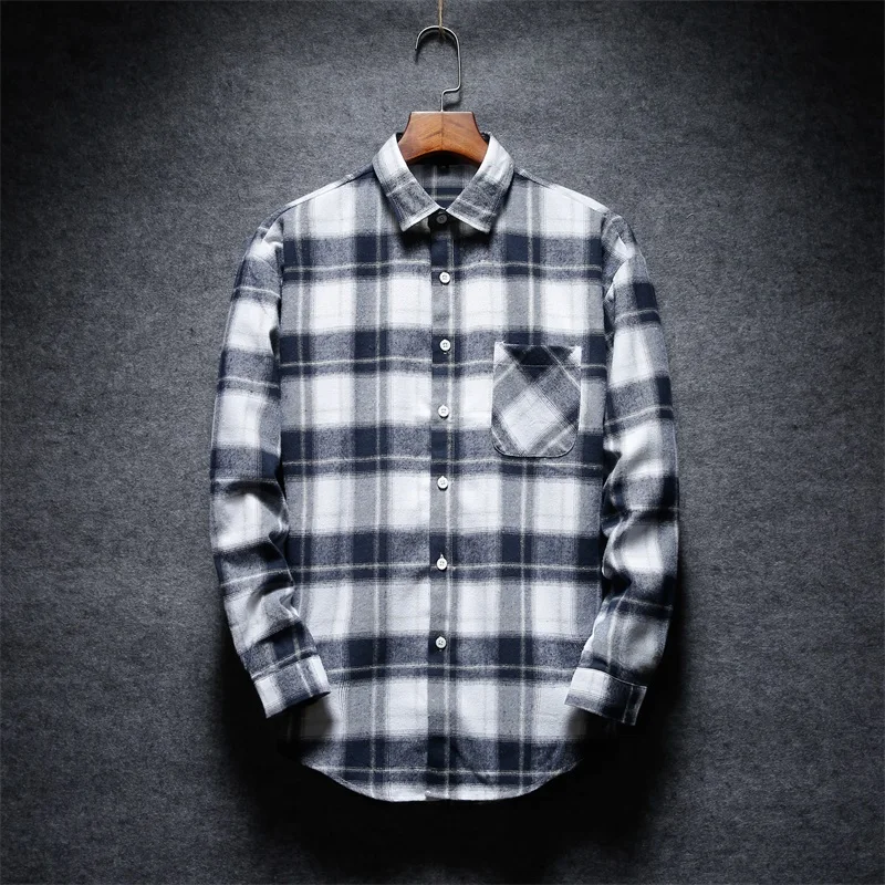 

Hot Sale Men Plaid Shirt Pocket Trendy Men Shirt Long Sleeve Casual Comfortable Black Darkblue Lightblue Gray Shirts For Men
