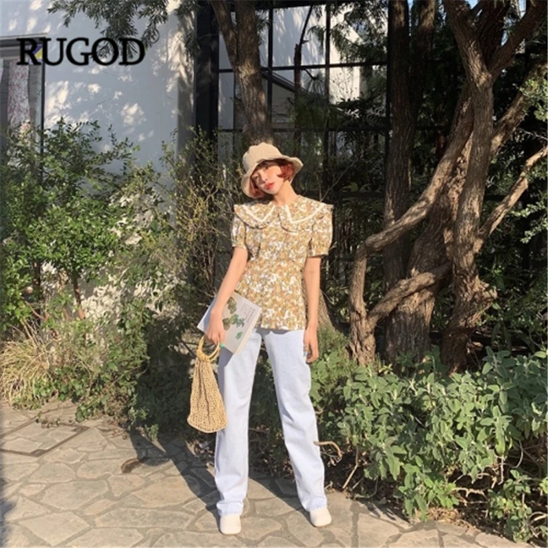 Женская блузка с цветочным принтом RUGOD летняя коротким рукавом и высокой талией в