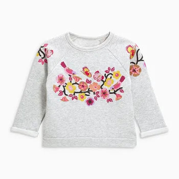 

Little Maven New Autumn Spring Kids Grey Birds Floral Embroidery Cotton Terry Full- sleeved O-neck Girls Casual Hoodies