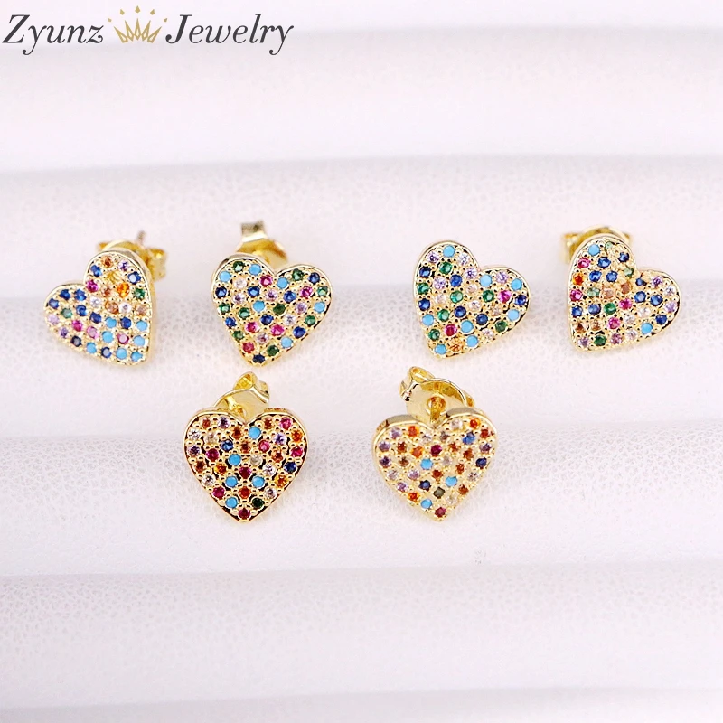 6Pairs, Rainbow Stud Earring Pretty CZ Crystal delicate earring Multi Zirconia heart Shaped colorful cz paved earring studs