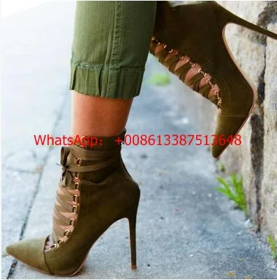 

Newest 2017 Suede Leather Pointed Toe Strappy Pumps For Women High Heel Lace-up Cross Tie Ankle Bootie Big Size 10 Drop Ship