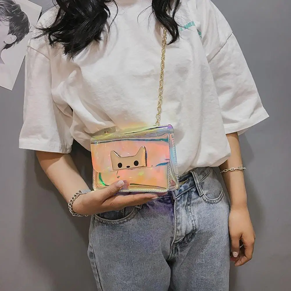 

Hot Women Metal Cat Holographic Laser Transparent PVC Square Crossbody Shoulder Bag