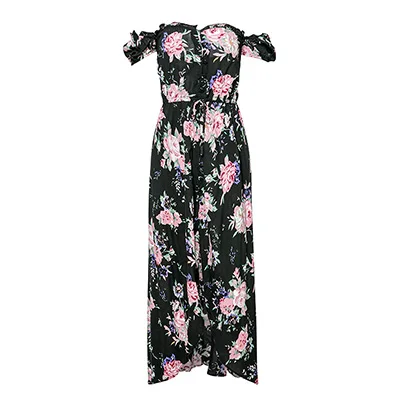 Conmoto Длинное летнее платье в стиле бохо с принтом, сексуальное платье с открытыми плечами, платье с высокой талией, платье с воланами, лето - Цвет: Черный