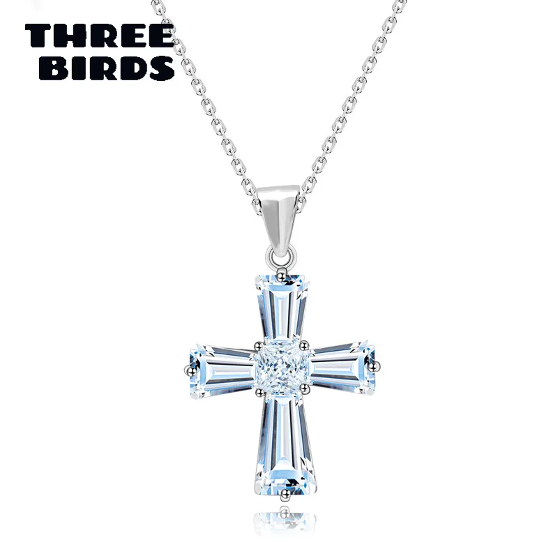 

THREE BIRDS Trendy Cross Crystal Necklaces High Quality Cubic Zirconia Stone Silver Chain Necklace For Women Fashion Jewelry