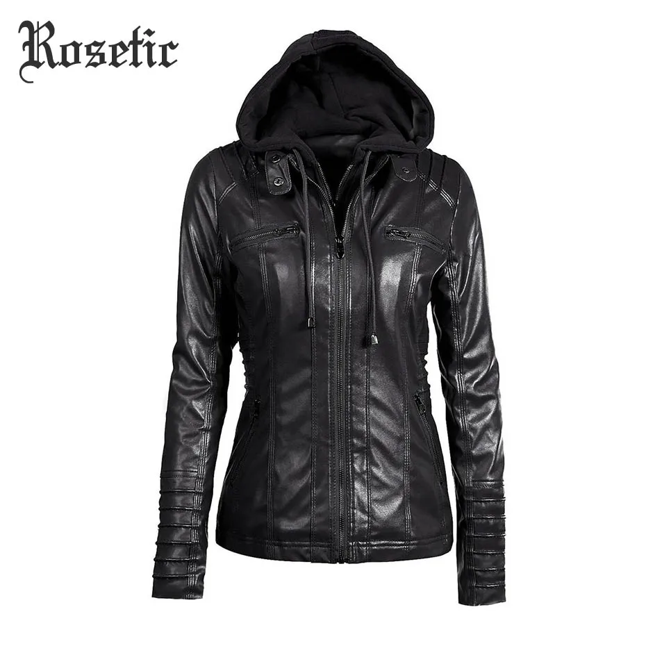 

Rosetic Goth PU Leather Jacket Hooded Coat Women Autumn Winter 2019 Detachable Collar Stylish Streetwear Black Casual Outerwear