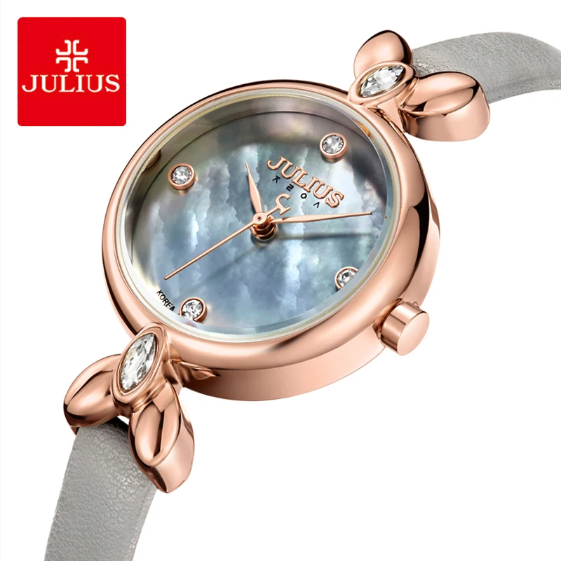 

Julius Brand Lady Shell Dial Leather Watch Luxury Crystal Creativity Quartz Wrist Watches For Woman's Casual Dress Reloj Mujer