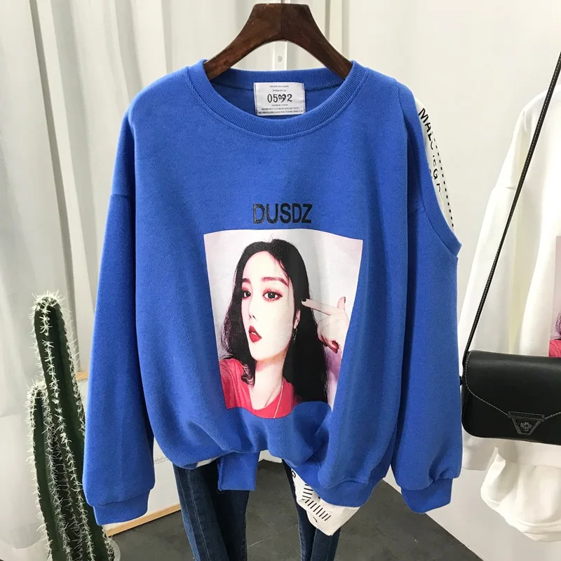 

Spring Fake Two Pieces Sweatshirt Oversize Hoodie Stripe Oversized Cotton Print Hole Streetwear Women Patchwork Loose Hoodies