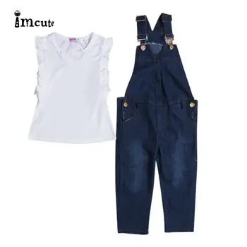 

Vest Jeans Girl Summer Clothes Set Dungarees Vest Tops White Overalls Denim Sleeveless Outfits Children Clothes Fall