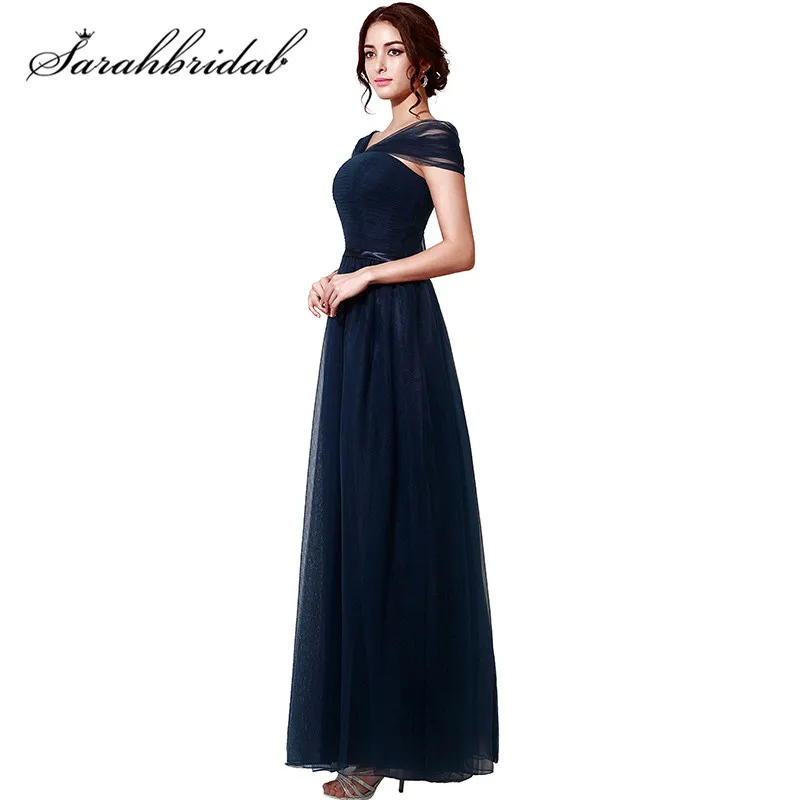Очаровательные темно-синие вечерние платья Простой с плеча Тюль Ruched A-Line элегантный для выпускного вечера платья SD208