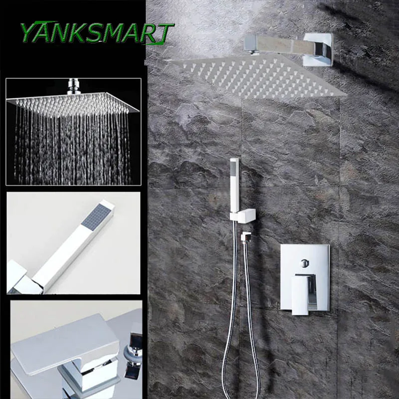 Yanksmart Wall Mount Rainfall Shower Faucet Set Chrome Concealed