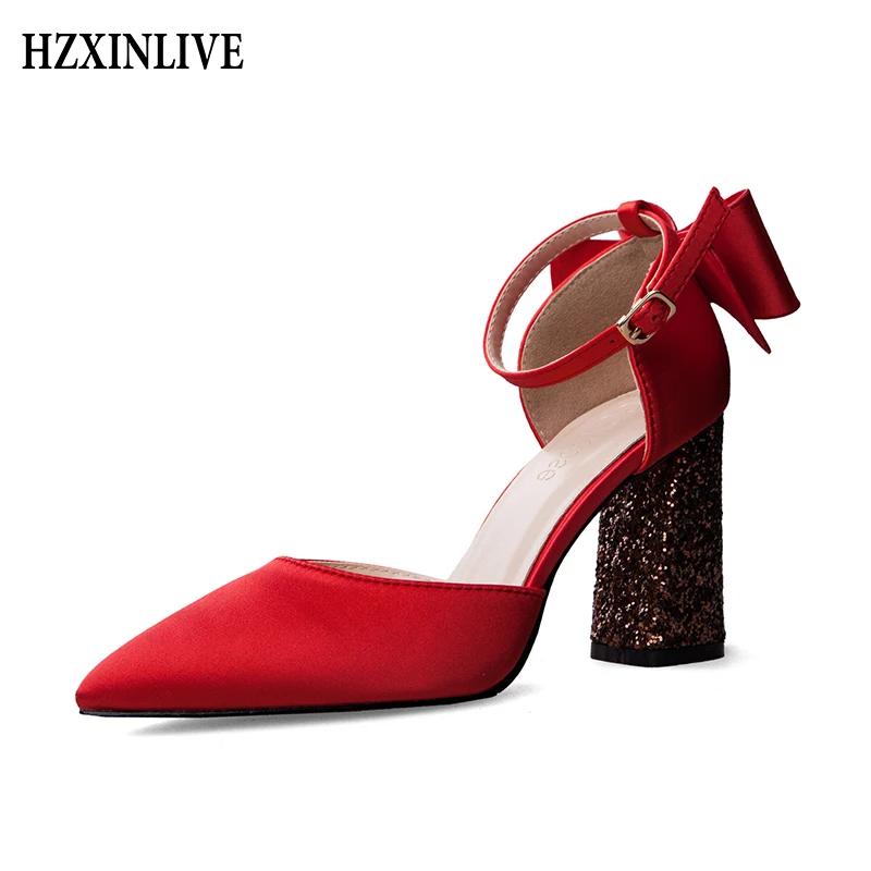 

HZXINLIVE Women Sweet Bowknot High Heels Ladies Party Shoes Sandals 8 cm Casual High Heels Female Square Heel Ankle Strap Pumps