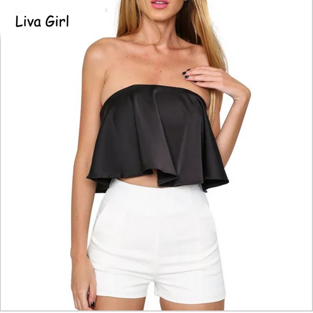 2016 Y Ruffle Bustier Crop Top Glossy Sleeveless White Beach 2016 Y Ruffle Bustier Crop Top Glossy Sleeveless White Beach Elegant Evening Party Summer