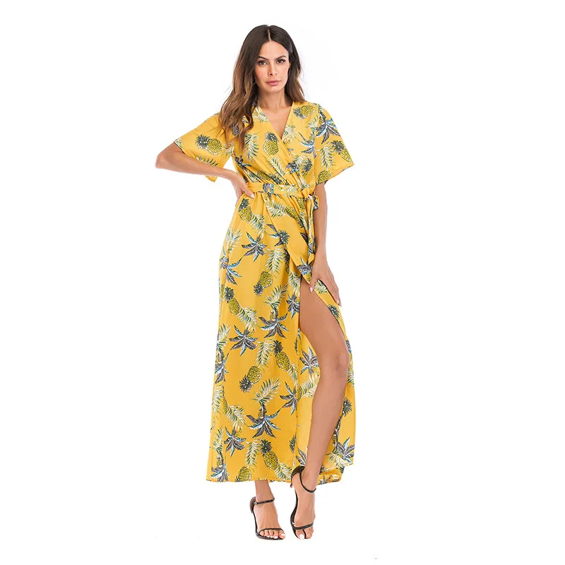 

Autumn 2019 V-Neck Short Sleeve Maxi Dress High Waist Casual Boho Ladies Beach Dress Elegant Streetwear Women Sexy Bandage Dress
