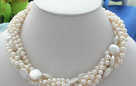 

ddh002365 BEAUTIFUL 5ROW 14MM WHITE COIN ROUND FRESHWATER PEARL NECKLACe