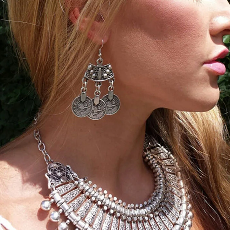 

AntiSilver Turkish Coin Drop Earrings Sector design Boho Gypsy Beachy Ethnic Tribal Festival Jewelry Bohemian Earrings