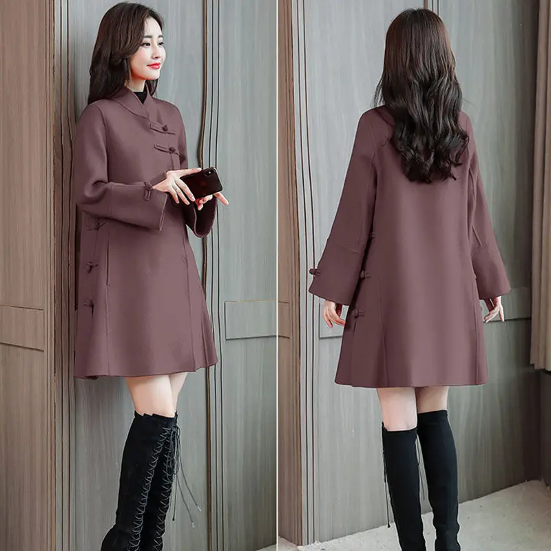 Woolen Coat Female Long Section 2018 Autumn Winter New Loose Large Size Cloak Retro Chinese Style Buckle Women Wool Coat LQ544