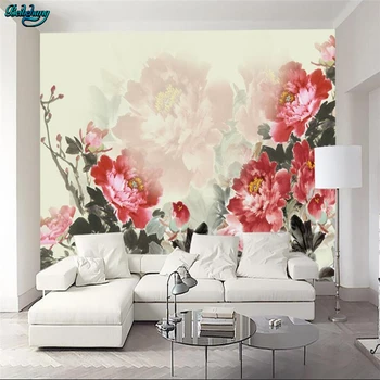 

beibehang Large custom Chinese peony flower hand painted retro roses TV living room background home decoration