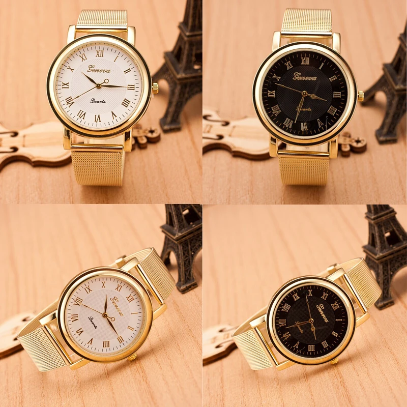Hot Luxury watches women fashion Gold Classic Womens Geneva Quartz Stainless Steel Wrist Watch