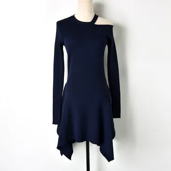 

Autumn Winter Long Sleeve Sweater Dress Women O-neck Hollow Out Shoulder Knee Length Irregular Hem Knit Dress OL Party Navy Blue
