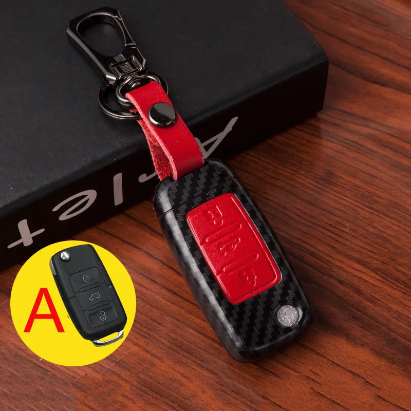 Углеродное волокно+ кожаный чехол ключа дистанционного управления автомобилем чехол для wolkswgen VW Tiguan Polo Golf 4 5 6 7 MK7 Passat B5 B6 B7 B8 CC Jetta Touran - Название цвета: A  Red