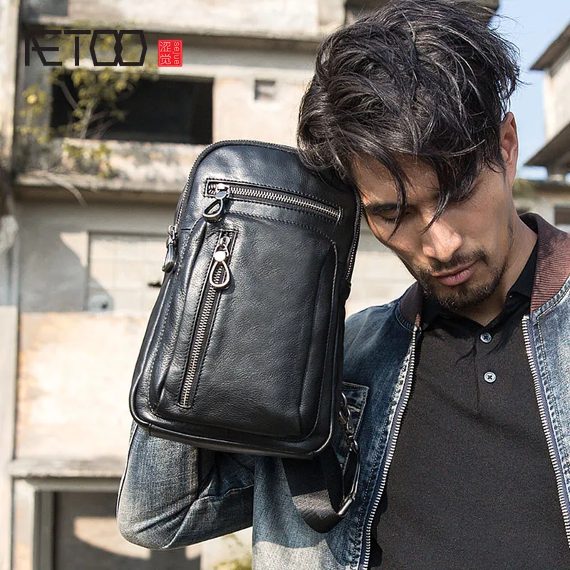 AETOO Men's handmade leather bag men's Messenger bag shoulder retro chest bag men's soft leather suede