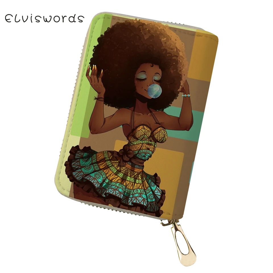 

ELVISWORDS PU Business Card Holder African Girls Printing Pattern Girls Money Purses Bags Women Fashion Lady Cluth Card Wallets