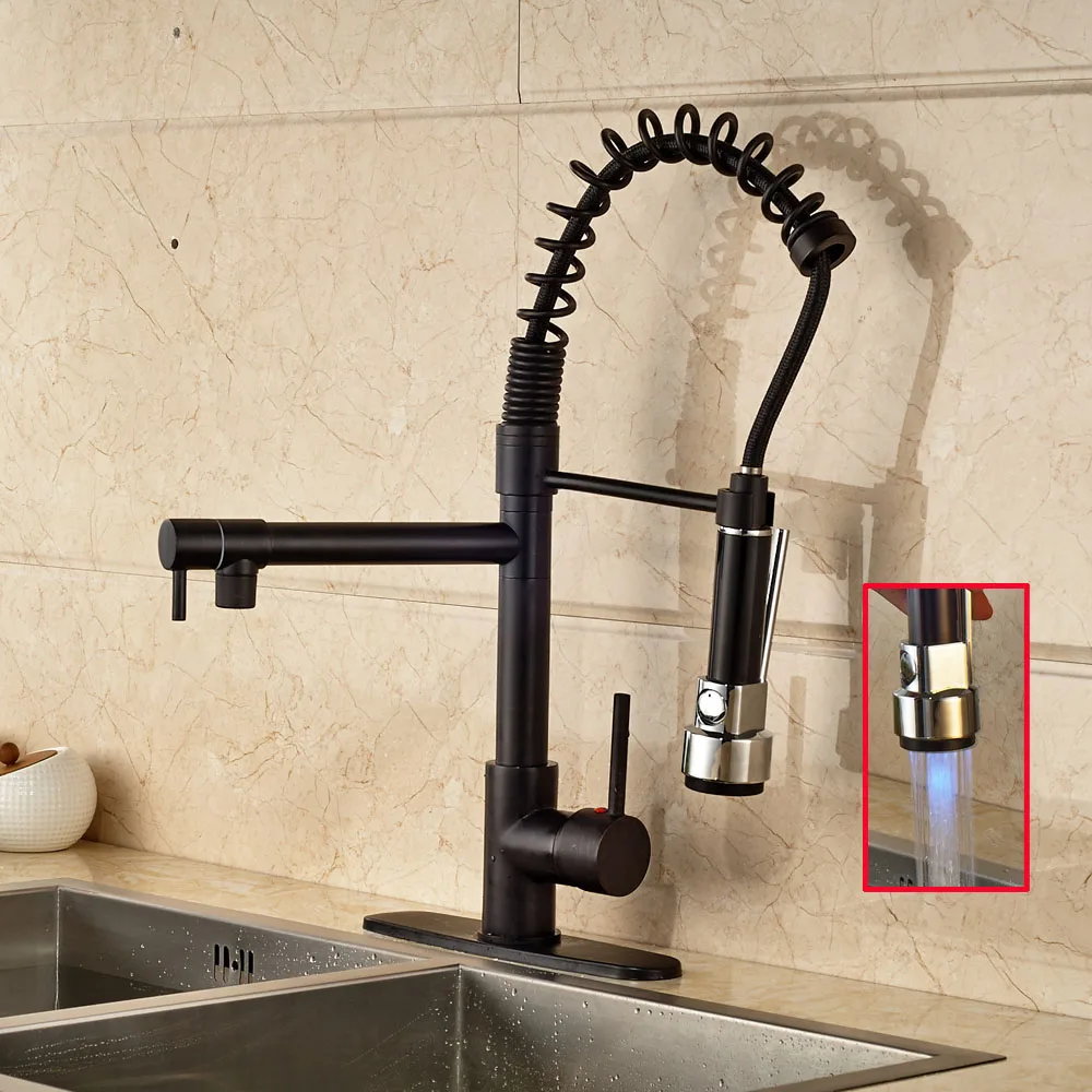 

Oil Rubbed Bronze Finished LED Spout Kitchen Sink Faucet Swivel Spout Mixer Tap with Cover Plate