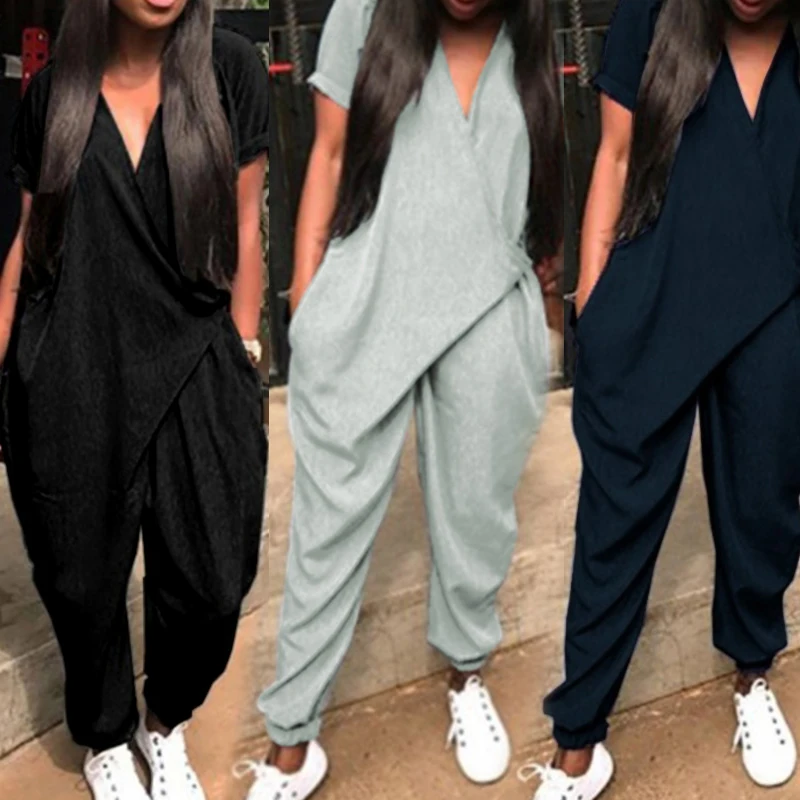 

Women Casual Loose Long Jumpsuit Deep V Neck Short Sleeve Tie-Waist Pocket Summer Playsuit Plus Size Rompers Grey/Blue/Black
