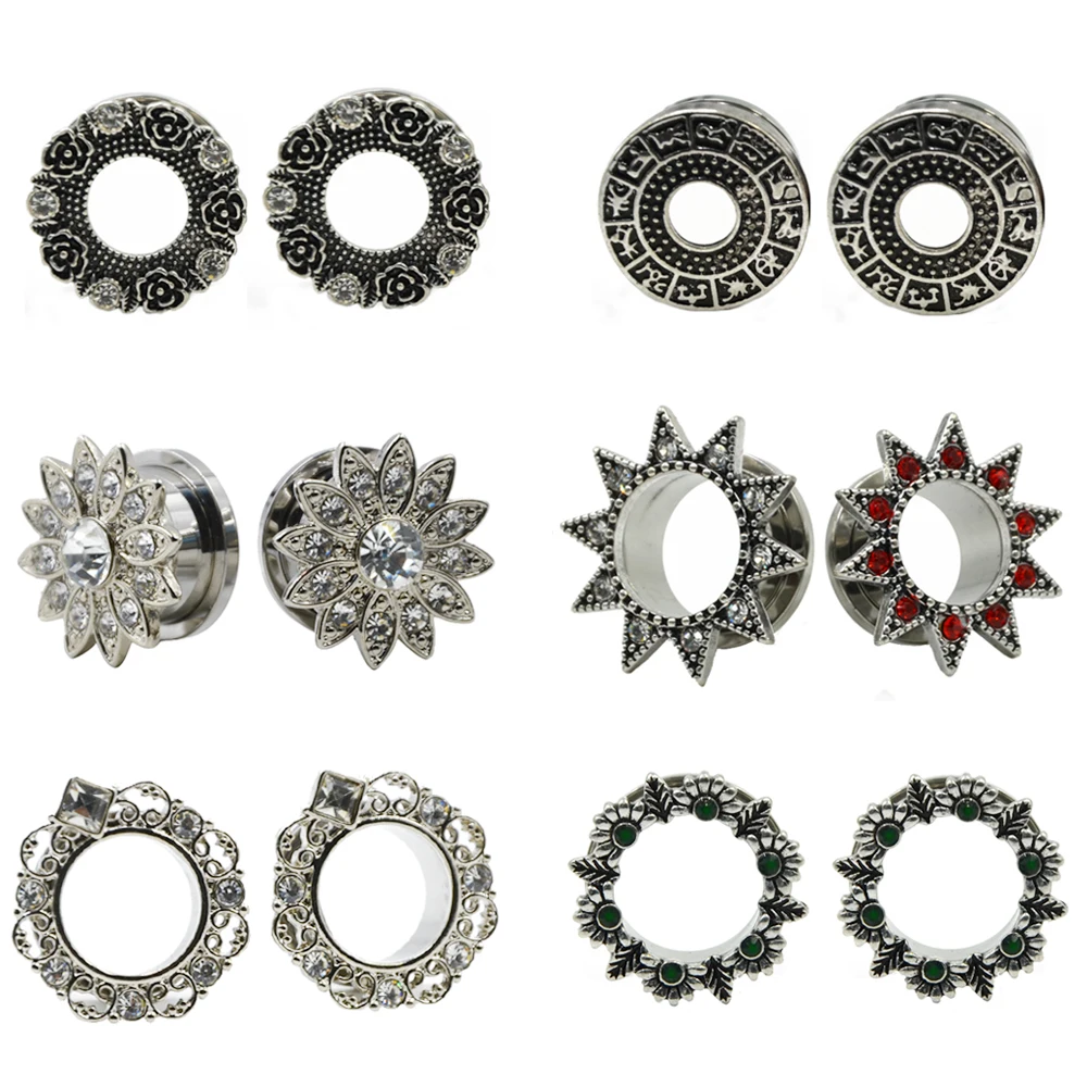 

PAIR Stainless Steel Flower CZ Gem Screw Fit Ear Flesh Tunnel Plug Expander Gauges Body piercing Jewelry 6-16mm