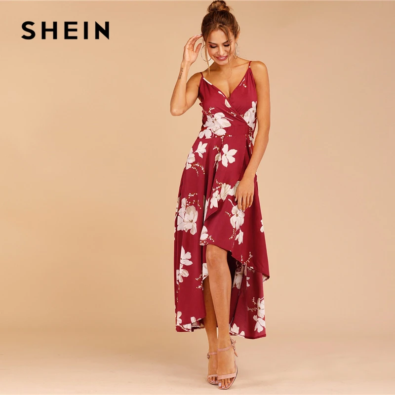 SHEIN الأزهار طباعة توليب تنحنح الرداء الكهنوتي كامي اللباس بوهو السباغيتي حزام زلة النساء فساتين عنابي أكمام الصيف فساتين