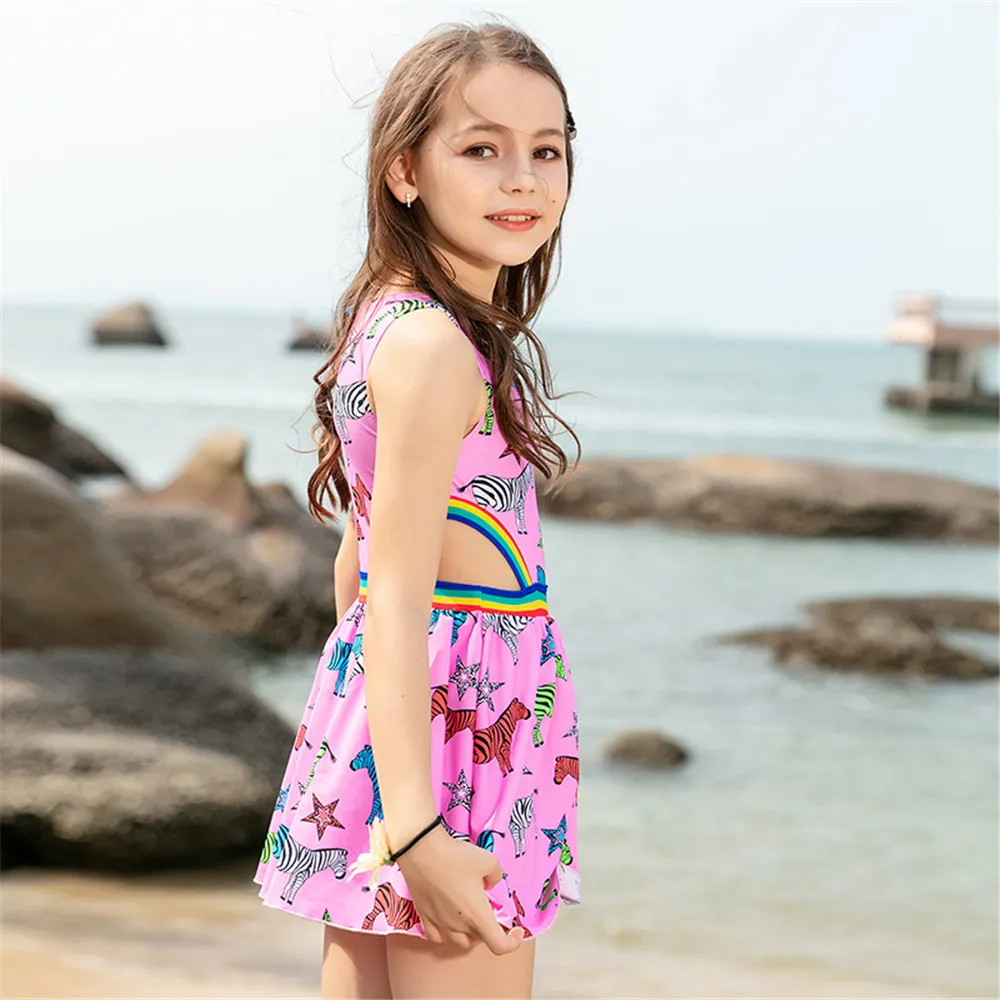 Цельный купальный костюм с юбкой для девочек, детская одежда для плавания с принтом животных, купальный костюм для детей, цветной купальный костюм, желтая пляжная одежда