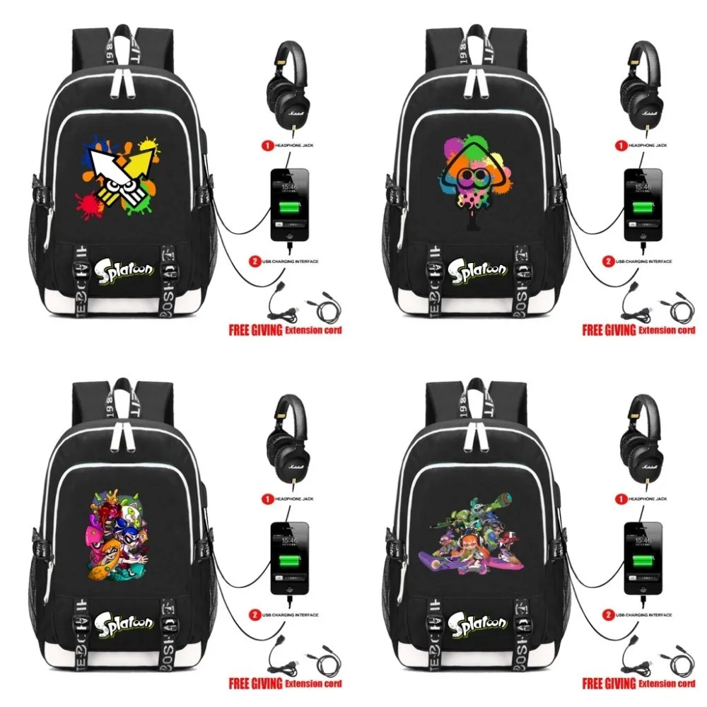 

Japan Splatoon Backpack USB Charge Interface Bags Kids Boys Girls Shoulder bag student Book bag men women Laptop Travel Bag