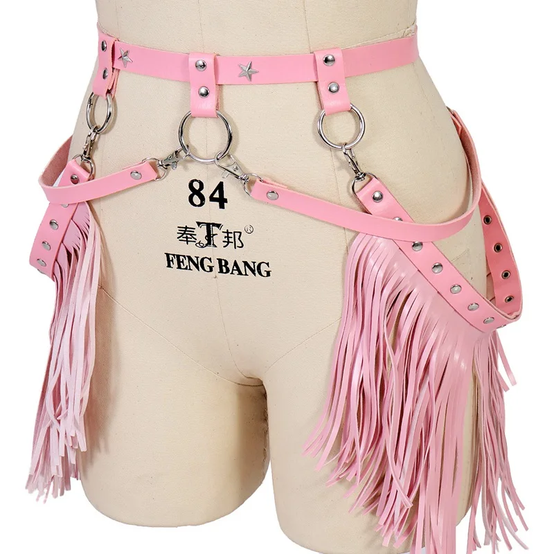 90's Tassel Pink Leather Harness Garter Waist Suspender Cage Belt Fetish Goth Plus Size Adjust Hollow Out Body Bondage Lingerie 90's Tassel Pink Leather Harness Garter Waist Suspender Cage Belt Fetish Goth Plus Size Adjust Hollow Out Body Bondage Lingerie