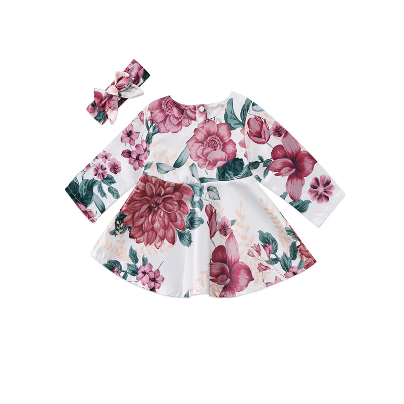 

Flowers Print Cute Fashion Dress Newborn Infant Baby Girls Cotton Long Sleeve A-Lin Knee-Length Print Dress Headband 2PCS 0-24M
