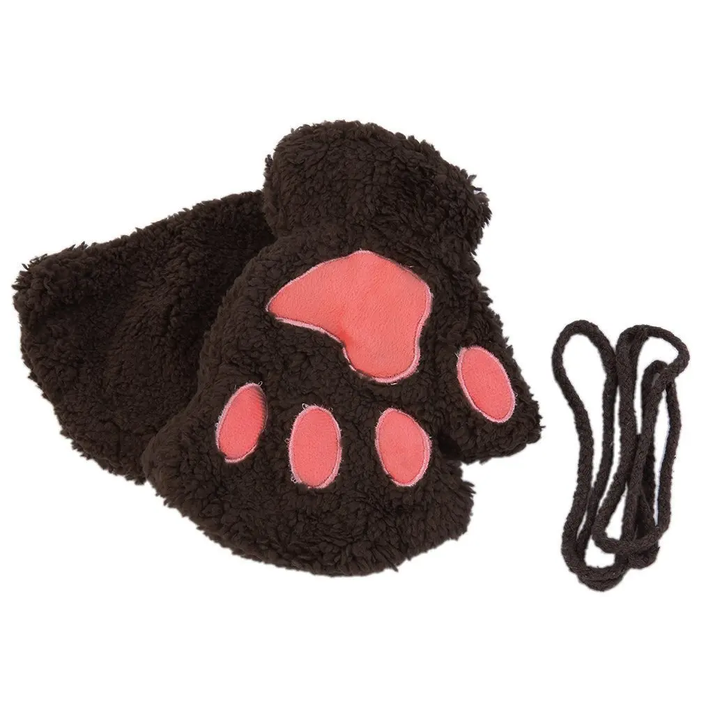 Зимние теплые перчатки без пальцев, супер милые плюшевые перчатки, женские перчатки с изображением медведя, кошки, животных, когтей, перчатки для девочек - Цвет: Dark Coffee 3