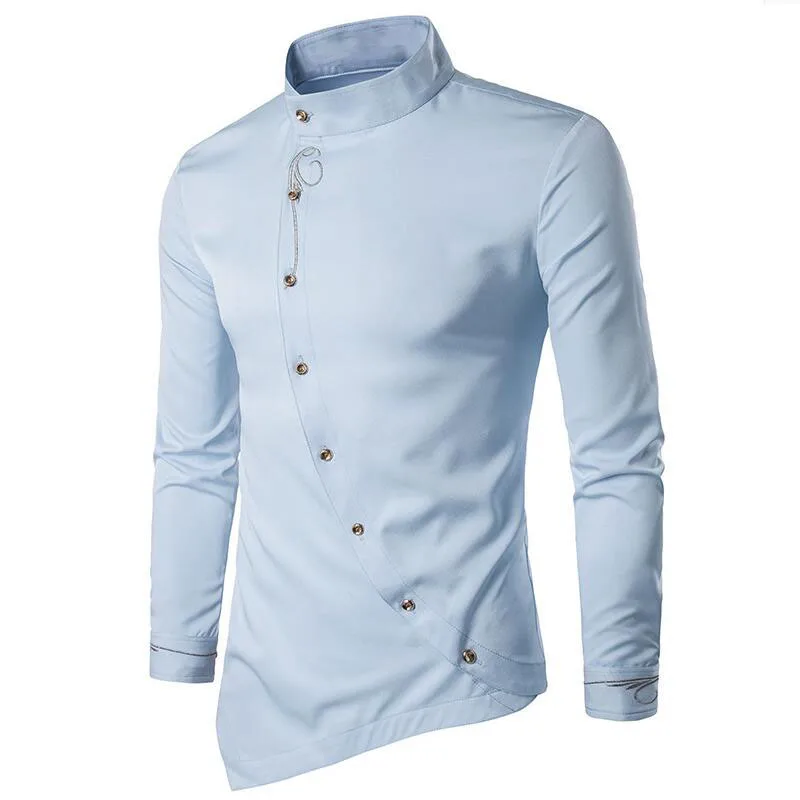Высокое качество Для мужчин рубашка с длинным рукавом Slim Fit Для Мужчин's Рубашки для мальчиков одноцветное Цвет Стенд воротник косой и пуговицы Рубашки для мальчиков Camisa masculina 6 цвет
