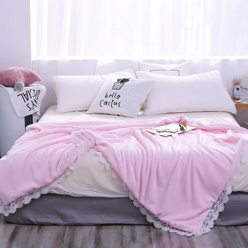 

Pink Solid Color +White Delicate Lace High Quality Sheep Velvet Blankets Winter Warmth Knitted Wool Blanket Sofa/Bed Cover Soft