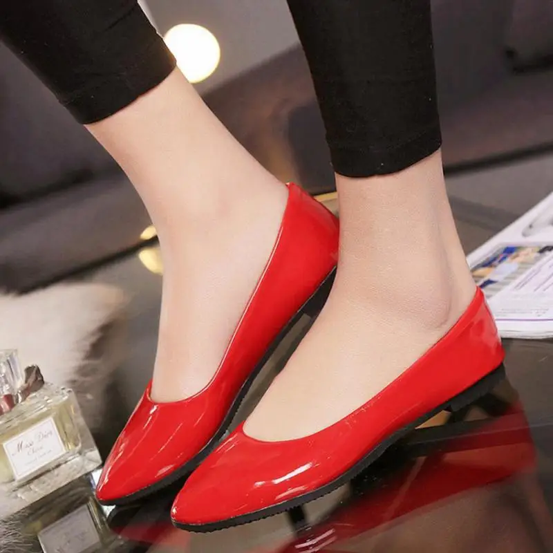 

Mixed Colors Blue Red Yellow Black Green Glossy Patent Leather Women Nude Pointy Toe Flats ladies Shoes Big Size