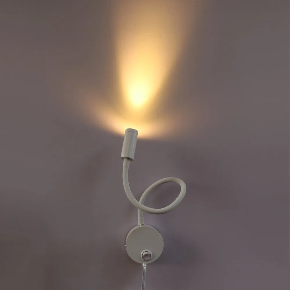 

3W LED Wall Sconce Lamp Fixture Flexible Pipe Picture Spot Bedside Light ON/OFF Button + Plug Lighting White Shell Vestibule